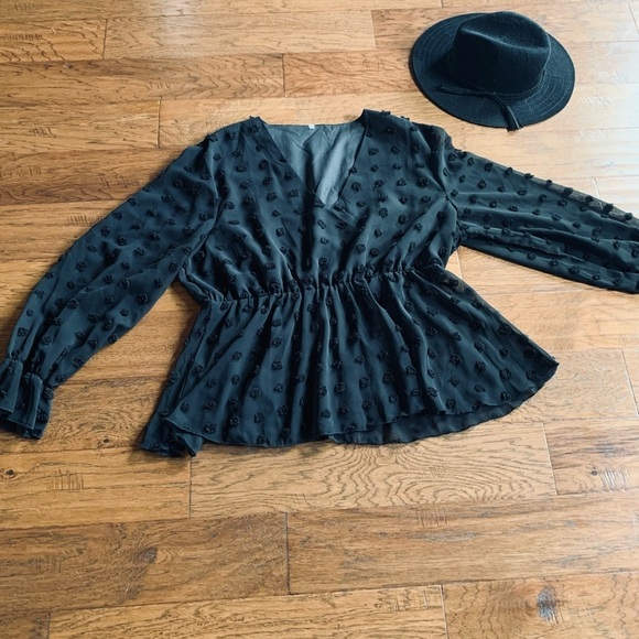 Black Swiss Dot Babydoll Blouse - Picture 1 of 13